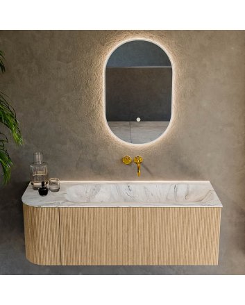Mondiaz Kurve-Dlux 125cm badmeubel ronding Links kleur Oak met 1 lade en 1 deur. Wastafel Big medium Rechts zonder kraangat Glace.