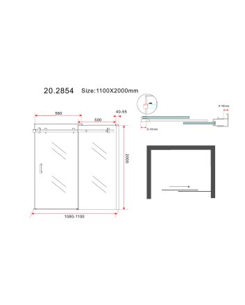 Slide nis schuifdeur 1100 x 2000 x 8 mm nano helder glas/mat zwart