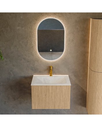 Mondiaz Kurve-Dlux 60cm badmeubel kleur Oak met 1 lade en 0 deuren. Wastafel Cloud Midden 1 kraangat Opalo.