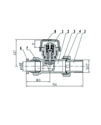 Thermostatisch ventiel zonder knop 1/2", recht, inclusief adaptor
