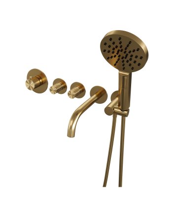 BRAUER Gold Edition thermostatische inbouw badkraan SET 02 met uitloop en 3-standen handdouche en doucheslang en wandaansluitbocht goud geborsteld PVD
