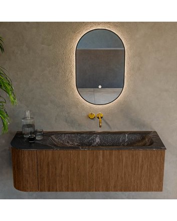 Mondiaz Kurve-Dlux 135cm badmeubel ronding Links kleur Walnut met 1 lade en 1 deur. Wastafel Big medium Rechts zonder kraangat Lava.