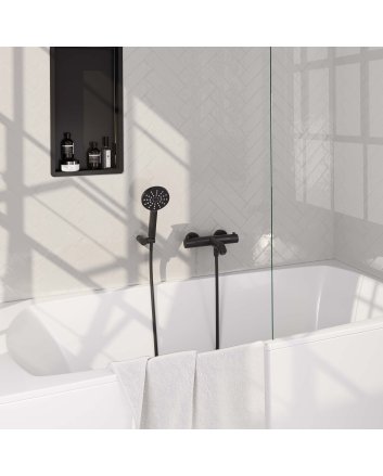 BRAUER Black Carving opbouw baddouche thermostaatkraan SET 04 met wandhouder en 3-standen handdouche en doucheslang mat zwart