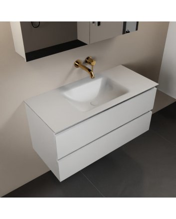 Mondiaz Aivy 100cm badmeubel Talc, wastafel Talc solid surface midden zonder kraangat met spiegelkast