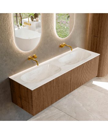 Mondiaz Kurve-Dlux 150cm badmeubel kleur Walnut met 2 lades en 0 deuren. Wastafel Stor small Dubbel zonder kraangat Ostra.