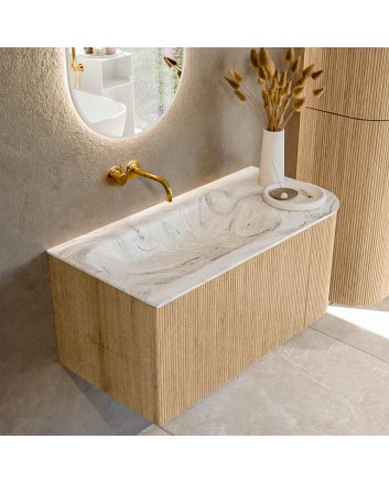Mondiaz Kurve-Dlux 95cm badmeubel ronding Rechts kleur Oak met 1 lade en 1 deur. Wastafel Big small Links zonder kraangat Glace.