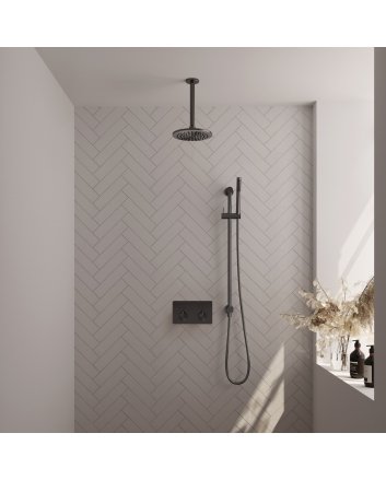 BRAUER Gunmetal Carving thermostatische inbouw regendouche met drukknoppen SET 65 met 20 cm douchekop en plafondarm en staaf handdouche en doucheslang en geïntegreerde glijstang gunmetal geborsteld PVD