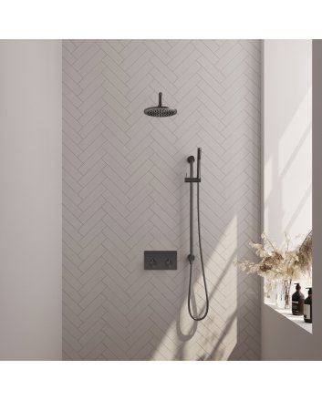 BRAUER Gunmetal Carving thermostatische inbouw regendouche met drukknoppen SET 63 met 20 cm douchekop en gebogen muurarm en staaf handdouche en doucheslang en geïntegreerde glijstang gunmetal geborsteld PVD