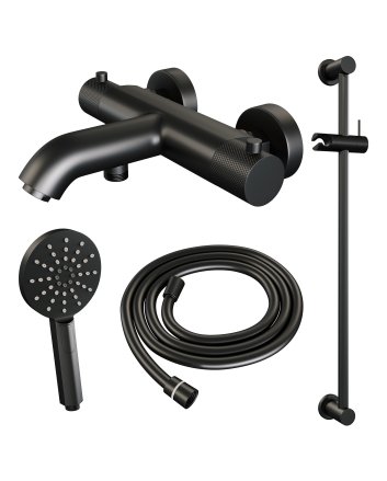BRAUER Black Carving opbouw baddouche thermostaatkraan SET 02 met glijstang en 3-standen handdouche en doucheslang mat zwart