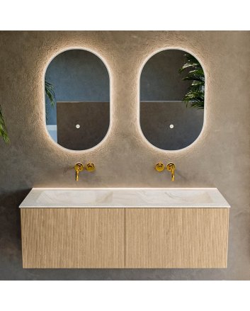 Mondiaz Kurve-Dlux 130cm badmeubel kleur Oak met 2 lades en 0 deuren. Wastafel Leaf Dubbel zonder kraangat Ostra.
