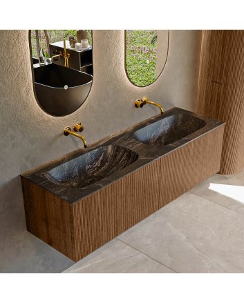 Mondiaz Kurve-Dlux 150cm badmeubel kleur Walnut met 2 lades en 0 deuren. Wastafel Stor small Dubbel zonder kraangat Lava.