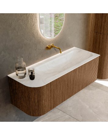 Mondiaz Kurve-Dlux 125cm badmeubel ronding Links kleur Walnut met 1 lade en 1 deur. Wastafel Big medium Rechts zonder kraangat Ostra.