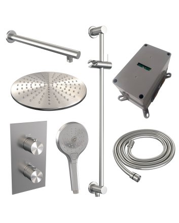 BRAUER Brushed Carving thermostatische inbouw regendouche 3-weg omstelling SET 44 met 30 cm douchekop en rechte muurarm en 3-standen handdouche en doucheslang en geïntegreerde glijstang RVS geborsteld PVD
