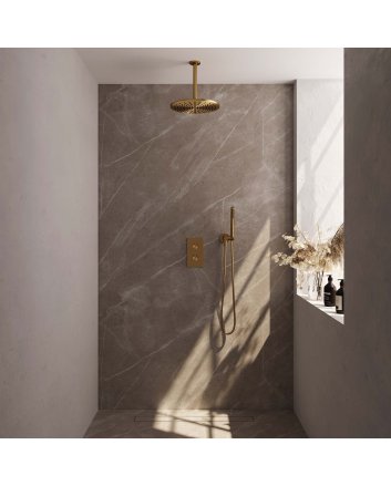 BRAUER Gold Edition thermostatische inbouw regendouche 3-weg omstelling SET 30 met 30 cm douchekop en plafondarm en staaf handdouche en doucheslang en wandaansluitbocht goud geborsteld PVD