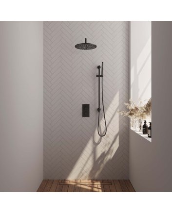 BRAUER Black Carving thermostatische inbouw regendouche 3-weg omstelling SET 40 met 30 cm douchekop en gebogen muurarm en staaf handdouche en doucheslang en geïntegreerde glijstang mat zwart