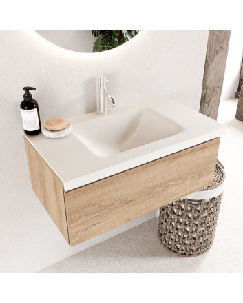 Mondiaz Bukla 80cm badmeubel modulair kleur Washed Oak met 1 lade. Wastafel Cloud midden 1 kraangat kleur Talc.