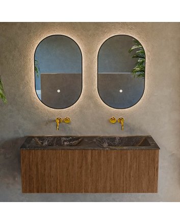Mondiaz Kurve-Dlux 120cm badmeubel kleur Walnut met 1 lade en 0 deuren. Wastafel Leaf Dubbel zonder kraangat Lava.