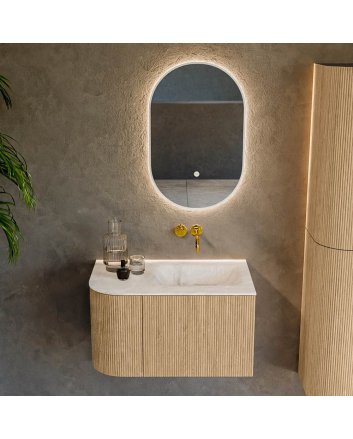 Mondiaz Kurve-Dlux 75cm badmeubel ronding Links kleur Oak met 1 lade en 1 deur. Wastafel Grunne Rechts zonder kraangat Frappe.