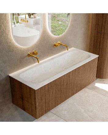 Mondiaz Kurve-Dlux 120cm badmeubel kleur Walnut met 1 lade en 0 deuren. Wastafel Big large Midden zonder kraangat Opalo.