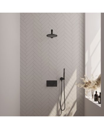 BRAUER Black Carving thermostatische inbouw regendouche met drukknoppen SET 49 met 20 cm douchekop en rechte muurarm en staaf handdouche en doucheslang en wandaansluitbocht mat zwart