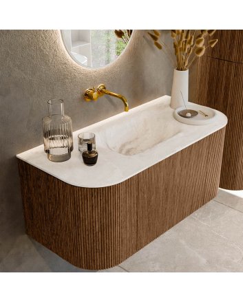 Mondiaz Kurve-Dlux 100cm badmeubel ronding Links + Rechts kleur Walnut met 1 lade en 2 deuren. Wastafel Grunne Midden zonder kraangat Frappe.