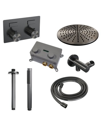 BRAUER Gunmetal Carving thermostatische inbouw regendouche met drukknoppen SET 54 met 30 cm douchekop en plafondarm en staaf handdouche en doucheslang en wandaansluitbocht gunmetal geborsteld PVD
