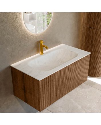 Mondiaz Kurve-Dlux 90cm badmeubel kleur Walnut met 1 lade en 0 deuren. Wastafel Big small Midden 1 kraangat Opalo.