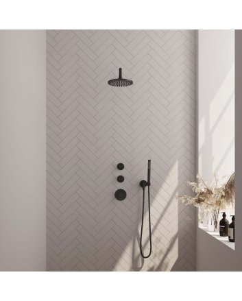 BRAUER Black Edition thermostatische inbouw regendouche SET 03 met 20 cm douchekop en gebogen muurarm en staaf handdouche en doucheslang en wandaansluitbocht mat zwart