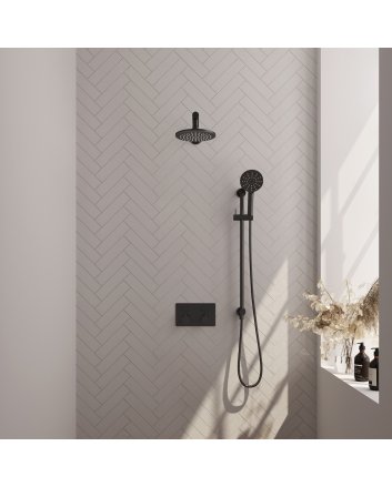 BRAUER Black Edition thermostatische inbouw regendouche met drukknoppen SET 67 met 20 cm douchekop en rechte muurarm en 3-standen handdouche en doucheslang en geïntegreerde glijstang mat zwart