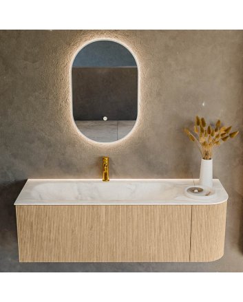 Mondiaz Kurve-Dlux 135cm badmeubel ronding Rechts kleur Oak met 1 lade en 1 deur. Wastafel Big medium Links 1 kraangat Ostra.