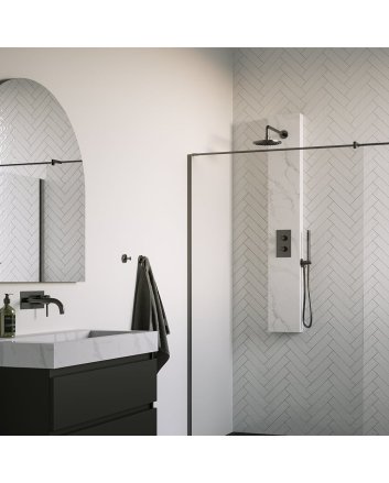 BRAUER Gunmetal Edition thermostatisch douchepaneel 2-weg omstelling calacatta gold SET 01 met 20 cm douchekop en gebogen muurarm en staaf handdouche en wandaansluitbocht en doucheslang gunmetal geborsteld PVD