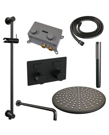 BRAUER Black Carving thermostatische inbouw regendouche met drukknoppen SET 64 met 30 cm douchekop en gebogen muurarm en staaf handdouche en doucheslang en geïntegreerde glijstang mat zwart