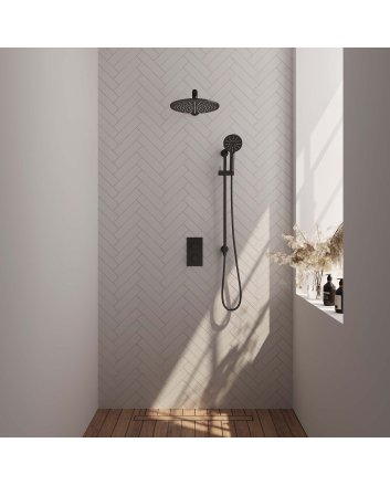 BRAUER Black Edition thermostatische inbouw regendouche 3-weg omstelling SET 44 met 30 cm douchekop en rechte muurarm en 3-standen handdouche en doucheslang en geïntegreerde glijstang mat zwart