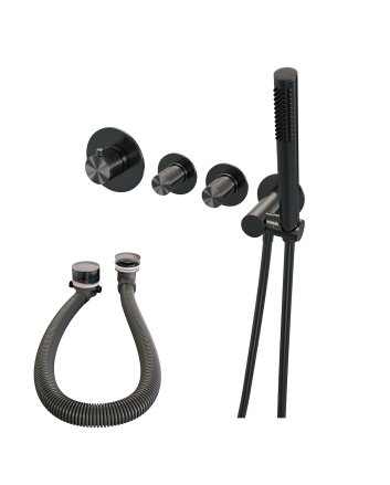 BRAUER Gunmetal Carving thermostatische inbouw badkraan SET 01 met badvulcombinatie en staaf handdouche en doucheslang en wandaansluitbocht gunmetal geborsteld PVD