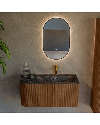 Mondiaz Kurve-Dlux 95cm badmeubel ronding Links kleur Walnut met 1 lade en 1 deur. Wastafel Big small Rechts 1 kraangat Lava.