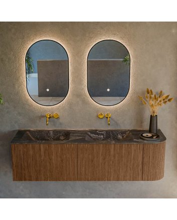 Mondiaz Kurve-Dlux 155cm badmeubel ronding Rechts kleur Walnut met 2 lades en 1 deur. Wastafel Leaf Dubbel / Links zonder kraangat Lava.