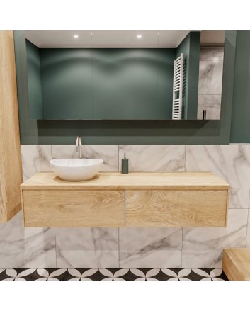 Mondiaz Lush 150 badmeubel washed oak 2 lades wastafel Barco links 1 kraangat