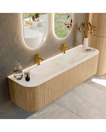 Mondiaz Kurve-Dlux 170cm badmeubel ronding Links + Rechts kleur Oak met 1 lade en 2 deuren. Wastafel Leaf Dubbel 2 kraangaten Ostra.