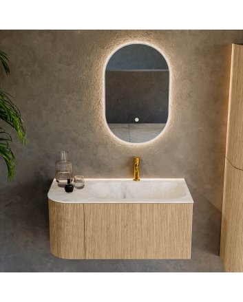 Mondiaz Kurve-Dlux 95cm badmeubel ronding Links kleur Oak met 1 lade en 1 deur. Wastafel Big small Rechts 1 kraangat Frappe.