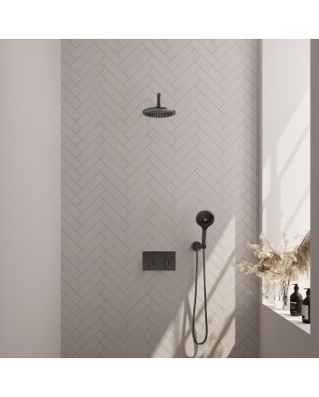 BRAUER Gunmetal Carving thermostatische inbouw regendouche met drukknoppen SET 57 met 20 cm douchekop en gebogen muurarm en 3-standen handdouche en doucheslang en wandaansluitbocht gunmetal geborsteld PVD