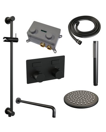 BRAUER Black Carving thermostatische inbouw regendouche met drukknoppen SET 63 met 20 cm douchekop en gebogen muurarm en staaf handdouche en doucheslang en geïntegreerde glijstang mat zwart
