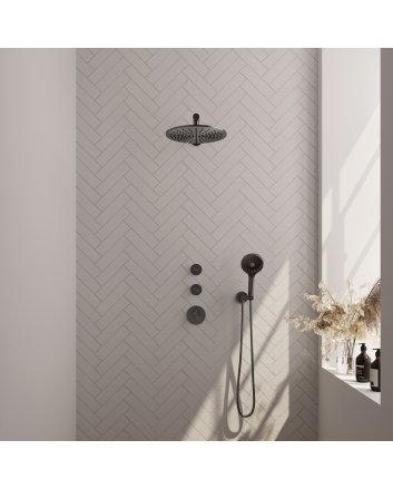 BRAUER Gunmetal Edition thermostatische inbouw regendouche SET 08 met 30 cm douchekop en rechte muurarm en 3-standen handdouche en doucheslang en wandaansluitbocht gunmetal geborsteld PVD