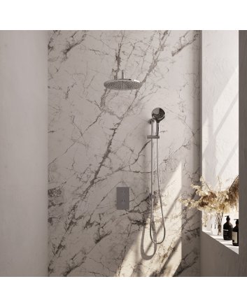 BRAUER Chrome Edition thermostatische inbouw regendouche 3-weg omstelling SET 46 met 30 cm douchekop en gebogen muurarm en 3-standen handdouche en doucheslang en geïntegreerde glijstang chroom