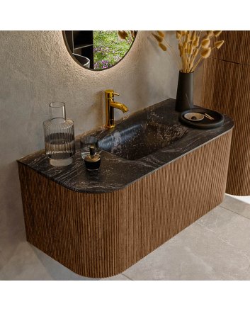 Mondiaz Kurve-Dlux 100cm badmeubel ronding Links + Rechts kleur Walnut met 1 lade en 2 deuren. Wastafel Grunne Midden 1 kraangat Lava.