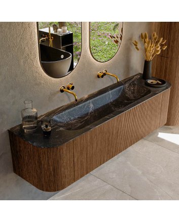 Mondiaz Kurve-Dlux 170cm badmeubel ronding Links + Rechts kleur Walnut met 1 lade en 2 deuren. Wastafel Big large Midden zonder kraangat Lava.