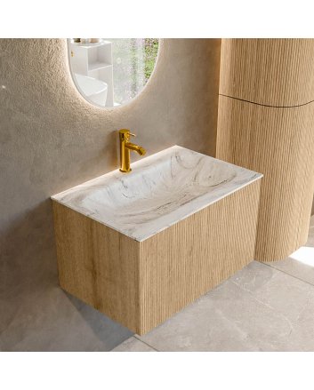 Mondiaz Kurve-Dlux 70cm badmeubel kleur Oak met 1 lade en 0 deuren. Wastafel Big small Midden 1 kraangat Glace.