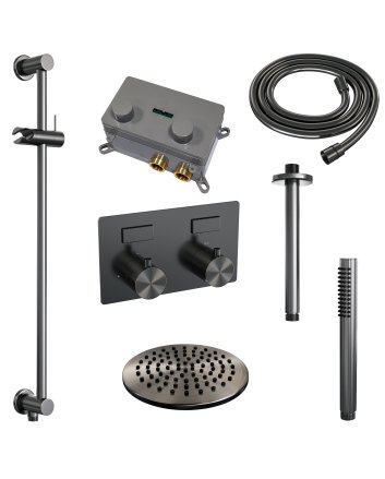 BRAUER Gunmetal Carving thermostatische inbouw regendouche met drukknoppen SET 65 met 20 cm douchekop en plafondarm en staaf handdouche en doucheslang en geïntegreerde glijstang gunmetal geborsteld PVD