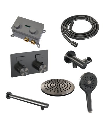 BRAUER Gunmetal Carving thermostatische inbouw regendouche met drukknoppen SET 55 met 20 cm douchekop en rechte muurarm en 3-standen handdouche en doucheslang en wandaansluitbocht gunmetal geborsteld PVD