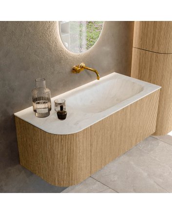 Mondiaz Kurve-Dlux 105cm badmeubel ronding Links kleur Oak met 1 lade en 1 deur. Wastafel Big small Rechts zonder kraangat Opalo.