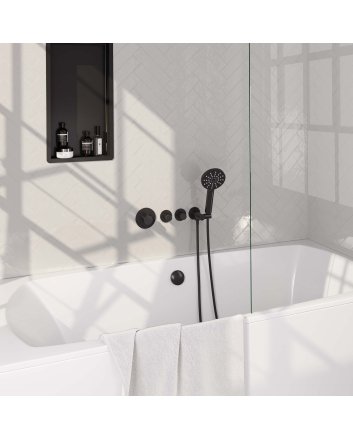 BRAUER Black Edition thermostatische inbouw badkraan SET 02 met badvulcombinatie en 3-standen handdouche en doucheslang en wandaansluitbocht mat zwart